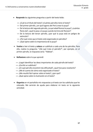4. Disfrutamos y conservamos nuestra biodiversidad
17
Educación Primaria
4.°
grado
 Respondo las siguientes preguntas a partir del texto leído:
— ¿Cuál es el título del texto? ¿Cuántos párrafos tiene el texto?
— Del primer párrafo, ¿en qué lugares del Perú crece la puya?
— De la lectura del segundo párrafo, ¿a qué edad florece la puya?, ¿cuántas
flores da?, ¿qué le pasa a la puya cuando termina de florecer?
— De la lectura del tercer párrafo, ¿por qué la puya está en peligro de
extinción?
— ¿Por qué crees que el texto está organizado en párrafos?
— ¿Qué opino sobre la importancia de la puya?
 Vuelvo a leer el texto y coloco un subtítulo a cada uno de los párrafos. Para
ello, realizo la pregunta: “¿De qué trata el párrafo?”, por ejemplo, en el
primer párrafo, la respuesta sería: “Hábitat”.
 Reflexiono sobre lo que aprendí:
— ¿Logré identificar las ideas importantes de cada párrafo del texto?
— ¿Escribí un subtítulo?
— ¿En qué párrafo encontré más dificultad?, ¿qué hice para resolverlo?
— ¿Me di cuenta de cómo está organizado el texto?
— ¿Me resultó fácil opinar sobre el texto?, ¿por qué?
— ¿Qué opino sobre la ilustración en el texto?
 Organizo en mi portafolio mis respuestas y el texto con los subtítulos que he
colocado. Me servirán de ayuda para elaborar mi texto en la siguiente
actividad.
 