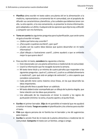4. Disfrutamos y conservamos nuestra biodiversidad
20
Educación Primaria
4.°
grado
 Planifico cómo escribir mi texto sobre una planta útil en la alimentación o la
medicina, representativa u ornamental de mi comunidad, con el propósito de
difundir sus características y beneficios, y los cuidados que debemos tener con
ella. La otra opción, si lo creo conveniente, es presentar la misma información,
pero adaptada a un afiche. Cualquiera de las opciones que elija la voy a difundir
y compartir con mis familiares.
 Tomo en cuenta las siguientes preguntas para la planificación, que serán como
mi guía al escribir mi texto:
— ¿Sobre qué tema voy a escribir?
— ¿Para quién o quiénes escribiré?, ¿por qué?
— ¿Cuáles son las cuatro ideas básicas que quiero desarrollar en mi texto
informativo?
— ¿Qué dibujos o ilustraciones usaré?, ¿cómo ayudará a que se entienda
mejor lo que quiero decir?
 Para escribir mi texto, considero los siguientes criterios:
— Está relacionado con una planta alimenticia o medicinal de mi comunidad.
— Usaré la información que he recogido durante la semana.
— Mi texto tiene título y un mínimo de cuatro párrafos que responden a las
siguientes preguntas: ¿qué es?, ¿cómo es?, ¿cuál es su utilidad alimentaria
o medicinal?, ¿por qué está en peligro de extinción?, u otro aspecto que
considere conveniente.
— Cada párrafo tiene como máximo cinco líneas, en las que desarrollo las
ideas importantes.
— Cada párrafo lleva o puede llevar un subtítulo.
— Mi texto deberá estar acompañado por un dibujo de la planta elegida, que
tiene relación con las ideas que presento.
— Uso adecuado de las mayúsculas al iniciar la oración y los signos de
puntuación (mínimo: la coma, el punto aparte y el punto final).
 Escribo mi primer borrador. Elijo de mi portafolio el material que me ayudará
a realizar mi texto. Tengo en cuenta mi planificación y los criterios para escribir
el texto.
 Pido que alguna persona de mi familia lea mi borrador y me dé sugerencias
para mejorar.
 Escribo la versión final de mi texto de la planta alimenticia o medicinal de mi
comunidad. Comparto mi texto con un familiar, amiga o amigo.
 