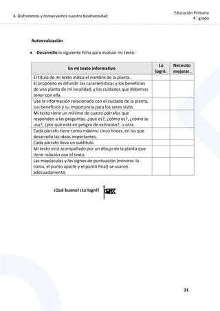 4. Disfrutamos y conservamos nuestra biodiversidad
21
Educación Primaria
4.°
grado
Autoevaluación
 Desarrollo la siguiente ficha para evaluar mi texto:
En mi texto informativo
Lo
logré.
Necesito
mejorar.
El título de mi texto indica el nombre de la planta.
El propósito es difundir las características y los beneficios
de una planta de mi localidad, y los cuidados que debemos
tener con ella.
Usé la información relacionada con el cuidado de la planta,
sus beneficios y su importancia para los seres vivos.
Mi texto tiene un mínimo de cuatro párrafos que
responden a las preguntas: ¿qué es?, ¿cómo es?, ¿cómo se
usa?, ¿por qué está en peligro de extinción?, u otra.
Cada párrafo tiene como máximo cinco líneas, en las que
desarrollo las ideas importantes.
Cada párrafo lleva un subtítulo.
Mi texto está acompañado por un dibujo de la planta que
tiene relación con el texto.
Las mayúsculas y los signos de puntuación (mínimo: la
coma, el punto aparte y el punto final) se usaron
adecuadamente.
¡Qué bueno! ¡Lo logré!
 