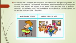  El currículo de Educación Inicial define a las experiencias de aprendizaje como un
conjunto de vivencias y actividades desafiantes, intencionalmente diseñadas por el
docente, que surgen del interés de los niños produciéndoles gozo y asombro,
teniendo como propósito promover el desarrollo de las destrezas que se plantean en
los ámbitos de aprendizaje y desarrollo.
 