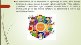  La intencionalidad de las experiencias de aprendizaje es formar, desde edades
tempranas, a personas capaces de indagar, explorar, experimentar y hacer hipótesis,
potenciando un pensamiento lógico que permita desarrollar la capacidad intuitiva y
creativa, para que de esta manera, construyan su conocimiento a partir de sus
experiencias y vivencias.
 