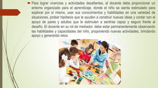  Para lograr vivencias y actividades desafiantes, el docente debe proporcionar un
entorno organizado para el aprendizaje, donde el niño se sienta estimulado para
explorar por sí mismo, usar sus conocimientos y habilidades en una variedad de
situaciones, probar hipótesis que le ayuden a construir nuevas ideas y contar con el
apoyo de pares y adultos que le estimulen a sentirse capaz y seguro frente al
desafío. El docente en su rol de mediador, debe estar permanentemente observando
las habilidades y capacidades del niño, proponiendo nuevas actividades, brindando
apoyo y generando retos.
 