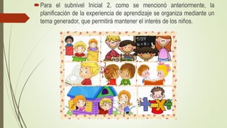 Para el subnivel Inicial 2, como se mencionó anteriormente, la
planificación de la experiencia de aprendizaje se organiza mediante un
tema generador, que permitirá mantener el interés de los niños.
 