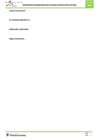 1ro a 4to
AÑO: EXPERIENCIAS DE LABORATORIO QUE SE PUEDEN UTILIZAR DE 1RO A 4TO AÑO
Prof. …….
Prof. …….12
¿Cómo lo haremos?
El resultado obtenido es…
Explicando, explicando:
Algún comentario...
 