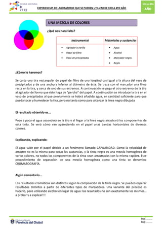 1ro a 4to
AÑO: EXPERIENCIAS DE LABORATORIO QUE SE PUEDEN UTILIZAR DE 1RO A 4TO AÑO
Prof. …….
Prof. …….5
UNA MEZCLA DE COLORES
¿Qué nos hará falta?
Instrumental Materiales y sustancias
 Agitador o varilla
 Papel de filtro
 Vaso de precipitados
 Agua
 Alcohol
 Marcador negro.
 Regla
¿Cómo lo haremos?
Se corta una tira rectangular de papel de filtro de una longitud casi igual a la altura del vaso de
precipitados y de una anchura inferior al diámetro de éste. Se traza con el marcador una línea
recta en la tira, y cerca de uno de sus extremos. A continuación se pega el otro extremo de la tira
al agitador de forma que éste haga de “percha” del papel. A continuación se introduce la tira en el
vaso de precipitados al que previamente se habrá añadido agua, en cantidad suficiente para que
pueda tocar y humedecer la tira, pero no tanta como para alcanzar la línea negra dibujada
El resultado obtenido es...
Poco a poco el agua ascenderá en la tira y al llegar a la línea negra arrastrará los componentes de
esta tinta. Se verá cómo van apareciendo en el papel unas bandas horizontales de diversos
colores.
Explicando, explicando:
El agua sube por el papel debido a un fenómeno llamado CAPILARIDAD. Como la velocidad de
arrastre no es la misma para todas las sustancias, y la tinta negra es una mezcla homogénea de
varios colores, no todos los componentes de la tinta sean arrastrados con la misma rapidez. Este
procedimiento de separación de una mezcla homogénea como una tinta se denomina
CROMATOGRAFÍA.
Algún comentario...
Los resultados cromáticos son distintos según la composición de la tinta negra. Se pueden esperar
resultados distintos a partir de diferentes tipos de marcadores. Una variante del proceso es
hacerlo, pero utilizando alcohol en lugar de agua: los resultados no son exactamente los mismos…
a probar y a explicar!!!
 