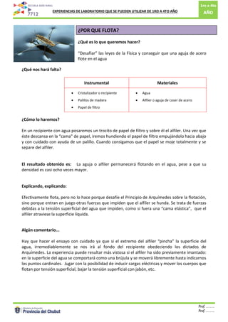1ro a 4to
AÑO: EXPERIENCIAS DE LABORATORIO QUE SE PUEDEN UTILIZAR DE 1RO A 4TO AÑO
Prof. …….
Prof. …….6
¿POR QUE FLOTA?
¿Qué es lo que queremos hacer?
“Desafiar” las leyes de la Física y conseguir que una aguja de acero
flote en el agua
¿Qué nos hará falta?
¿Cómo lo haremos?
En un recipiente con agua posaremos un trocito de papel de filtro y sobre él el alfiler. Una vez que
éste descansa en la “cama” de papel, iremos hundiendo el papel de filtro empujándolo hacia abajo
y con cuidado con ayuda de un palillo. Cuando consigamos que el papel se moje totalmente y se
separe del alfiler.
El resultado obtenido es: La aguja o alfiler permanecerá flotando en el agua, pese a que su
densidad es casi ocho veces mayor.
Explicando, explicando:
Efectivamente flota, pero no lo hace porque desafíe el Principio de Arquímedes sobre la flotación,
sino porque entran en juego otras fuerzas que impiden que el alfiler se hunda. Se trata de fuerzas
debidas a la tensión superficial del agua que impiden, como si fuera una “cama elástica”, que el
alfiler atraviese la superficie líquida.
Algún comentario...
Hay que hacer el ensayo con cuidado ya que si el extremo del alfiler “pincha” la superficie del
agua, irremediablemente se nos irá al fondo del recipiente obedeciendo los dictados de
Arquímedes. La experiencia puede resultar más vistosa si el alfiler ha sido previamente imantado:
en la superficie del agua se comportará como una brújula y se moverá libremente hasta indicarnos
los puntos cardinales. Jugar con la posibilidad de inducir cargas eléctricas y mover los cuerpos que
flotan por tensión superficial, bajar la tensión superficial con jabón, etc.
Instrumental Materiales
 Cristalizador o recipiente
 Palillos de madera
 Papel de filtro
 Agua
 Alfiler o aguja de coser de acero
 