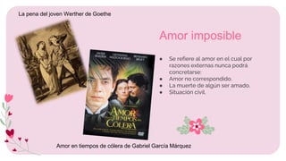 ● Se refiere al amor en el cual por
razones externas nunca podrá
concretarse:
● Amor no correspondido.
● La muerte de algún ser amado.
● Situación civil.
Amor imposible
Amor en tiempos de cólera de Gabriel García Márquez
La pena del joven Werther de Goethe
 