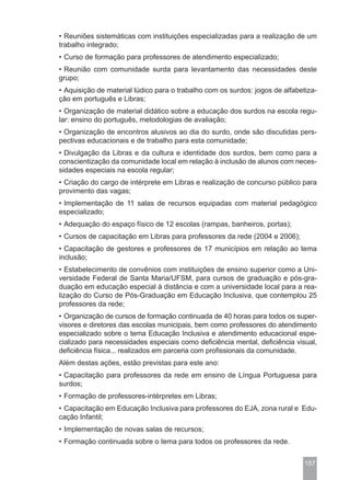 • Reuniões sistemáticas com instituições especializadas para a realização de um
trabalho integrado;
• Curso de formação para professores de atendimento especializado;
• Reunião com comunidade surda para levantamento das necessidades deste
grupo;
• Aquisição de material lúdico para o trabalho com os surdos: jogos de alfabetiza-
ção em português e Libras;
• Organização de material didático sobre a educação dos surdos na escola regu-
lar: ensino do português, metodologias de avaliação;
• Organização de encontros alusivos ao dia do surdo, onde são discutidas pers-
pectivas educacionais e de trabalho para esta comunidade;
• Divulgação da Libras e da cultura e identidade dos surdos, bem como para a
conscientização da comunidade local em relação à inclusão de alunos com neces-
sidades especiais na escola regular;
• Criação do cargo de intérprete em Libras e realização de concurso público para
provimento das vagas;
• Implementação de 11 salas de recursos equipadas com material pedagógico
especializado;
• Adequação do espaço físico de 12 escolas (rampas, banheiros, portas);
• Cursos de capacitação em Libras para professores da rede (2004 e 2006);
• Capacitação de gestores e professores de 17 municípios em relação ao tema
inclusão;
• Estabelecimento de convênios com instituições de ensino superior como a Uni-
versidade Federal de Santa Maria/UFSM, para cursos de graduação e pós-gra-
duação em educação especial à distância e com a universidade local para a rea-
lização do Curso de Pós-Graduação em Educação Inclusiva, que contemplou 25
professores da rede;
• Organização de cursos de formação continuada de 40 horas para todos os super-
visores e diretores das escolas municipais, bem como professores do atendimento
especializado sobre o tema Educação Inclusiva e atendimento educacional espe-
cializado para necessidades especiais como deficiência mental, deficiência visual,
deficiência física... realizados em parceria com profissionais da comunidade.
Além destas ações, estão previstas para este ano:
• Capacitação para professores da rede em ensino de Língua Portuguesa para
surdos;
• Formação de professores-intérpretes em Libras;
• Capacitação em Educação Inclusiva para professores do EJA, zona rural e Edu-
cação Infantil;
• Implementação de novas salas de recursos;
• Formação continuada sobre o tema para todos os professores da rede.


                                                                              157
 
