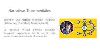 Narrativas Transmediales
Extender una historia mediante múltiples
plataformas (Narrativas Transmediales).
La Realidad Virtual permite extender
cualquier experiencia de la forma más
inmersiva conocida hasta el momento.
 