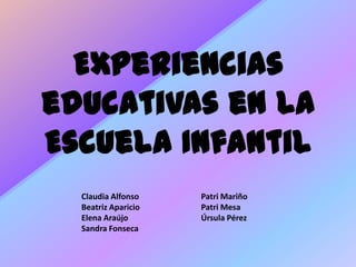 Experiencias
educativas en la
Escuela Infantil
Claudia Alfonso
Beatriz Aparicio
Elena Araújo
Sandra Fonseca
Patri Mariño
Patri Mesa
Úrsula Pérez
 