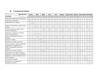 VII. Cronograma (En Meses)
Mes /Semana
Actividad
Marzo Abril Mayo Junio Julio Agosto Septiembre Octubre Noviembre Diciembre
1 2 3 4 1 2 3 4 1 2 3 4 1 2 3 4 1 2 3 4 1 2 3 4 1 2 3 4 1 2 3 4 1 2 3 4 1 2 3 4
Elaboración del proyecto de innovación x
Preparación de materiales x
Organización de la campaña
x x
Talleres de capacitación en aulas con los
alumnos.
x x x x x x x x x x
Sesiones practicas en campo con los
alumnos participantes.
x x x x x x x x x x x x x x x x
Elaboración y difusión de un manual
técnico sobre biohuertos
x x x x
Taller de Capacitación técnica con
docentes
x x x x x x x x x
Compra de semillas. x x
Preparación y siembra de parcelas x x x x
Labores culturales: Aporque, deshierbos,
abonamientos, trasplantes,otros.
x x x x x x x x
Taller de Capacitación técnica con
Alumnos
x x x x x
Elaboración de abonos orgánicos x x x x x x
Capacitación en el cambio de patrones
alimenticios de los alumnos participantes.
x x
Exposición y venta de hortalizas en bio
Ferias Escolares
x x
Evaluaciones de campo. x x x
Informe final y recopilación de
experiencias positivas.
x x x
 