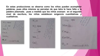 En estas producciones se observa como los niños pueden acompletar
palabras, pues ellos mismos se percatan de que letra le hace falta a la
palabra plasmada. pues a medida que los niños avanzan en el segundo
nivel de escritura, los niños establecen exigencia cuantitativas y
cualitativas.
 