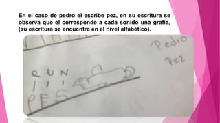 En el caso de pedro el escribe pez, en su escritura se
observa que el corresponde a cada sonido una grafía,
(su escritura se encuentra en el nivel alfabético).
 