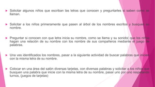  Solicitar algunos niños que escriban las letras que conocen y preguntarles si saben como se
llaman.
 Solicitar a los niños primeramente que pasen al árbol de los nombres escritos y busquen su
nombre.
 Preguntar si conocen con que letra inicia su nombre, como se llama y su sonido( que los niños
hagan una relación de su nombre con los nombre de sus compañeros mediante el juego de
palabras.
 Una ves identificados los nombres, pasar a la siguiente actividad de buscar palabras que inicien
con la misma letra de su nombre.
 Colocar en una área del salón diversas tarjetas, con diversas palabras y solicitar a los niños que
busquen una palabra que inicie con la misma letra de su nombre, pasar uno por uno respetando
turnos, (juegos de tarjetas)
 