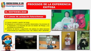 III. SOSTENIBILIDAD
PROCESOS DE LA EXPERIENCIA
EXITOSA
3.1 Líneas de actuación futura/temas
 Cambio climático y gestión del riesgo.
 Adaptación en escenarios o contextos relacionados a los procesos de
la preparación y la respuesta del plan de Gestión del Riesgo y sus
actividades de contingencia.
 Sistema de alarma y seguimiento del sistema de alerta temprana
proporcionado por instituciones como IGP, INDECI, MGP, SENAHMI.
 