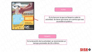 HORA
Es la hora en la que se llevará a cabo la
actividad. Se tiene que tener en cuenta que sea
accesible al público.
TIEMPO
Es la duración de la actividad, se recomienda un
tiempo promedio de 20 a 30min.
 