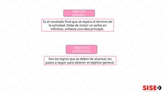 OBJETIVO
GENERAL
Es el resultado final que se espera al término de
la actividad. Debe de incluir un verbo en
infinitivo, enfatiza una idea principal.
OBJETIVOS
ESPECÍFICOS
Son los logros que se deben de alcanzar, los
pasos a seguir para obtener el objetivo general.
 
