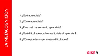 1.¿Qué aprendiste?
2.¿Cómo aprendiste?
3.¿Para qué me servirá lo aprendido?
4.¿Qué dificultades-problemas tuviste al aprender?
5.¿Cómo puedes superar esas dificultades?
LA
METACOGNICIÓN
 