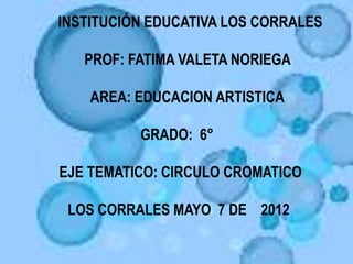INSTITUCIÓN EDUCATIVA LOS CORRALES
PROF: FATIMA VALETA NORIEGA
AREA: EDUCACION ARTISTICA
GRADO: 6°
EJE TEMATICO: CIRCULO CROMATICO
LOS CORRALES MAYO 7 DE 2012
 