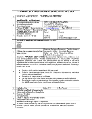 FORMATO 3. FICHA DE RESUMEN PARA UNA BUENA PRACTICA
1
NOMBRE DE LA EXPERIENCIA: “MALTERÍA LEE Y ESCRIBE”
2
Identificación institucional:
Dirección de la sede donde se
ejecuta la experiencia
INSTITUCIÓNEDUCATIVAMALTERÍA
Kilómetro13 Vía al Magdalena
Dirección principal: INSTITUCIÓN EDUCATIVA MALTERÍA
Teléfono:8742041 Correo electrónico: iimalteria@gmail.com Fax: 8742041
Municipio: Manizales Departamento:Caldas País: Colombia
3
COORDINADOR: MARÍA ROCÍO
RESTREPO SÁNCHEZ
Cargo: Docente
Dirección: Carrera28 48-100 Teléfono:
8914819
E-mail:
rocio_restrepo_s@yahoo.com
4
Ubicación delaexperienciaen losejesMisionales: Eficiencia
Cobertura
Calidad
Eficiencia
Equidad
5
Palabrasclavesquepermiten clasificar
la experiencia.
Potenciar- Fortalecer-Transformar- Familia –Compartir-
Apropiación-Calidad - Comunidad –Escuchar-
Hablar- leer – Escribir–Vocabulario –bibliteca –
dficultadeslectoras, cognitiva -
6
Resumen: : “MALTERÍA LEE Y ESCRIBE” busca dinamizar el proceso lector, brindando a niños,
niñas, jóvenes, padres de familia y maestros lectores un espacio en el cual puedan compartir sus
impresiones personales sobre un texto leído, enriqueciéndolo con las miradas de los demás.
Representa una excelente oportunidad de conocer personas, manifestar inquietudes, vincular un
desarrollointelectual conunosocial,permitiendoqueseformenpequeñascomunidades,motivadaspor
el hábito de la lectura.
 Se integra con la totalidad de estudiantes del curso o nivel.
 Todos los integrantes deben leer el mismo libro o documento (esta estrategia puede variar
como lo veremos más adelante)
 Se participa de manera activa en los debates
 Hay que establecer las metas diarias, semanales, quincenales o mensuales de lectura.
 Se realizan actividadescomplementariasalejercicio de leer: mapas conceptuales, preguntas
tipo SABER, parafraseo, dibujos, exposiciones, salidas pedagógicas.
7 FechadeInicio: Año:2014 Mes:Febrero
8
Población beneficiariadelaexperiencia:
Estudiantesde la BásicaSecundariayMedia
Docentesy Directivos
Padresde Familia
9
Ámbito en el quesedesarrolla:Seleccione:
InstituciónEducativa Maltería
10
Problemao situación queoriginó laexperiencia.
Se observa confrecuenciaelbajo niveldecomprensiónlectora,queinfluyeen el aprendizaje de los
estudiantes, notándose en éstos la dificultad para la lectura; no saben analizar el texto leído, es decir no
comprenden.
 