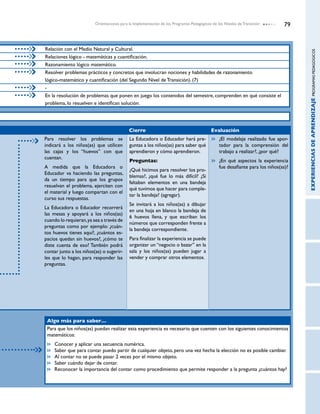 Orientaciones para la Implementación de los Programas Pedagógicos de los Niveles de Transición       79


Relación con el Medio Natural y Cultural.




                                                                                                                                    EXPERIENCIAS DE APRENDIZAJE PROGRAMAS PEDAGOGICOS
Relaciones lógico - matemáticas y cuantificación.
Razonamiento lógico matemático.
Resolver problemas prácticos y concretos que involucran nociones y habilidades de razonamiento
lógico-matemático y cuantificación (del Segundo Nivel de Transición). (7)
-
En la resolución de problemas que ponen en juego los contenidos del semestre, comprenden en qué consiste el
problema, lo resuelven e identifican solución.




                                            Cierre                                         Evaluación
Para resolver los problemas se              La Educadora o Educador hará pre-                	 ¿El modelaje realizado fue apor-
indicará a los niños(as) que utilicen       guntas a los niños(as) para saber qué              tador para la comprensión del
las cajas y los “huevos” con que            aprendieron y cómo aprendieron.                    trabajo a realizar?, ¿por qué?
cuentan.
                                            Preguntas:                                       	 ¿En qué aspectos la experiencia
A medida que la Educadora o                                                                    fue desafiante para los niños(as)?
                                            ¿Qué hicimos para resolver los pro-
Educador va haciendo las preguntas,
                                            blemas?, ¿qué fue lo más difícil? ¿Si
da un tiempo para que los grupos
                                            faltaban elementos en una bandeja
resuelvan el problema, ejerciten con
                                            qué tuvimos que hacer para comple-
el material y luego compartan con el
                                            tar la bandeja? (agregar).
curso sus respuestas.
                                            Se invitará a los niños(as) a dibujar
La Educadora o Educador recorrerá
                                            en una hoja en blanco la bandeja de
las mesas y apoyará a los niños(as)
                                            6 huevos llena, y que escriban los
cuando lo requieran, ya sea a través de
                                            números que corresponden frente a
preguntas como por ejemplo: ¿cuán-
                                            la bandeja correspondiente.
tos huevos tienes aquí?, ¿cuántos es-
pacios quedan sin huevos?, ¿cómo te         Para finalizar la experiencia se puede
diste cuenta de eso? También podrá          organizar un “negocio o bazar” en la
contar junto a los niños(as) o sugerir-     sala y los niños(as) pueden jugar a
les que lo hagan, para responder las        vender y comprar otros elementos.
preguntas.




 Algo más para saber…
 Para que los niños(as) puedan realizar esta experiencia es necesario que cuenten con los siguientes conocimientos
 matemáticos:
  	   Conocer y aplicar una secuencia numérica.
  	   Saber que para contar puedo partir de cualquier objeto, pero una vez hecha la elección no es posible cambiar.
  	   Al contar no se puede pasar 2 veces por el mismo objeto.
  	   Saber cuándo dejar de contar.
  	   Reconocer la importancia del contar como procedimiento que permite responder a la pregunta ¿cuántos hay?
 
