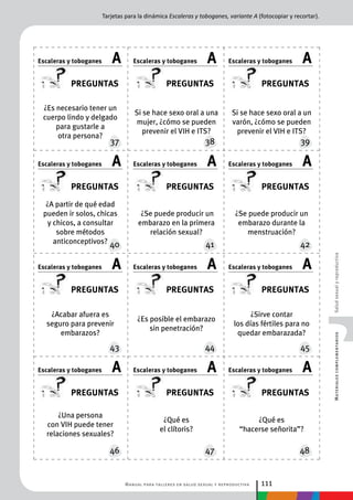 Manual para talleres en salud sexual y reproductiva 111
MaterialescomplementariosSaludsexualyreproductiva
Tarjetas para la dinámica Escaleras y toboganes, variante A (fotocopiar y recortar).
Si se hace sexo oral a un
varón, ¿cómo se pueden
prevenir el VIH e ITS?
¿Se puede producir un
embarazo durante la
menstruación?
¿Sirve contar
los días fértiles para no
quedar embarazada?
¿Qué es
“hacerse señorita”?
Si se hace sexo oral a una
mujer, ¿cómo se pueden
prevenir el VIH e ITS?
¿Se puede producir un
embarazo en la primera
relación sexual?
¿Es posible el embarazo
sin penetración?
¿Qué es
el clítoris?
¿Es necesario tener un
cuerpo lindo y delgado
para gustarle a
otra persona?
¿A partir de qué edad
pueden ir solos, chicas
y chicos, a consultar
sobre métodos
anticonceptivos?
¿Acabar afuera es
seguro para prevenir
embarazos?
¿Una persona
con VIH puede tener
relaciones sexuales?
preguntas
37
Escaleras y toboganes A
preguntas
40
Escaleras y toboganes A
preguntas
43
Escaleras y toboganes A
preguntas
46
Escaleras y toboganes A
preguntas
38
Escaleras y toboganes A
preguntas
41
Escaleras y toboganes A
preguntas
44
Escaleras y toboganes A
preguntas
47
Escaleras y toboganes A
preguntas
39
Escaleras y toboganes A
preguntas
42
Escaleras y toboganes A
preguntas
45
Escaleras y toboganes A
preguntas
48
Escaleras y toboganes A
 