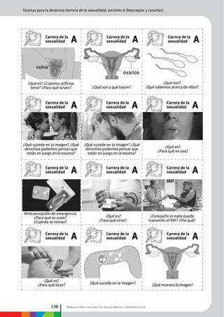 Manual para talleres en salud sexual y reproductiva138
¿Qué son?
¿Qué sabemos acerca de ellos?
¿Qué es?
¿Para qué se usa?
¿Qué muestra la imagen?
¿Compartir el mate puede
transmitir el VIH? ¿Por qué?
¿Qué son y qué hacen?
¿Qué es?
¿Para qué sirve? ¿Qué sucede en la imagen?
¿Qué es?
¿Para qué sirve?
¿Qué es? ¿Cuántos orificios
tiene? ¿Para qué sirven?
Anticoncepción de emergencia
¿Para qué se usan?
¿Cuándo se toman?
¿Qué sucede en la imagen? ¿Qué
derechos podemos pensar que
están en juego en la escena?
Carrera de la
sexualidad A
Carrera de la
sexualidad A
Carrera de la
sexualidad A
Carrera de la
sexualidad A
Carrera de la
sexualidad A
Carrera de la
sexualidad A
Carrera de la
sexualidad A
Carrera de la
sexualidad A
Carrera de la
sexualidad A
Carrera de la
sexualidad ACarrera de la
sexualidad A Carrera de la
sexualidad A
¿Qué sucede en la imagen? ¿Qué
derechos podemos pensar que
están en juego en la escena?
Tarjetas para la dinámica Carrera de la sexualidad, variante A (fotocopiar y recortar).
vulva
ovarios
 