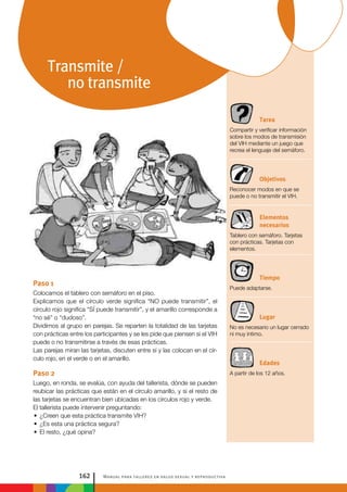 Manual para talleres en salud sexual y reproductiva162
Tarea
Compartir y verificar información
sobre los modos de transmisión
del VIH mediante un juego que
recrea el lenguaje del semáforo.
Objetivos
Reconocer modos en que se
puede o no transmitir el VIH.
Elementos
necesarios
Tablero con semáforo. Tarjetas
con prácticas. Tarjetas con
elementos.
Tiempo
Puede adaptarse.
Lugar
No es necesario un lugar cerrado
ni muy íntimo.
Edades
A partir de los 12 años.
Paso 1
Colocamos el tablero con semáforo en el piso.
Explicamos que el círculo verde significa “NO puede transmitir”, el
círculo rojo significa “SÍ puede transmitir”, y el amarillo corresponde a
“no sé” o “dudoso”.
Dividimos al grupo en parejas. Se reparten la totalidad de las tarjetas
con prácticas entre los participantes y se les pide que piensen si el VIH
puede o no transmitirse a través de esas prácticas.
Las parejas miran las tarjetas, discuten entre sí y las colocan en el cír-
culo rojo, en el verde o en el amarillo.
Paso 2
Luego, en ronda, se evalúa, con ayuda del tallerista, dónde se pueden
reubicar las prácticas que están en el círculo amarillo, y si el resto de
las tarjetas se encuentran bien ubicadas en los círculos rojo y verde.
El tallerista puede intervenir preguntando:
•• ¿Creen que esta práctica transmite VIH?
•• ¿Es esta una práctica segura?
•• El resto, ¿qué opina?
Transmite /
no transmite
 