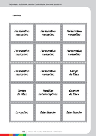 Manual para talleres en salud sexual y reproductiva166
Preservativo
masculino
Lavandina
Campo
de látex
Preservativo
masculino
Preservativo
masculino
Preservativo
masculino
Esterilizador
Pastillas
anticonceptivas
Preservativo
masculino
Preservativo
masculino
Preservativo
masculino
Esterilizador
Guantes
de látex
Campo
delátex
Preservativo
masculino
Tarjetas para la dinámica Transmite / no transmite (fotocopiar y recortar).
Elementos
 