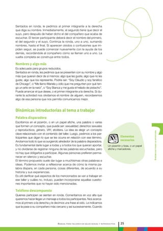 Manual para talleres en salud sexual y reproductiva 25
Dinámicasparalaapertura
Sentados en ronda, le pedimos al primer integrante a la derecha
que diga su nombre. Inmediatamente, el segundo tiene que decir el
suyo, pero después de haber dicho el del compañero que acaba de
escuchar. El tercer participante deberá decir el nombre del primero,
el del segundo y el suyo. Continúa la ronda, uno a uno, sumando
nombres, hasta el final. Si aparecen olvidos o confusiones que im-
piden seguir, se puede comenzar nuevamente con la ayuda de los
demás, recordándole al compañero cómo se llaman uno a uno. La
vuelta completa se construye entre todos.
Nombres y algo más
Es adecuada para grupos reducidos.
Sentados en ronda, les pedimos que se presenten con su nombre y algo
más que quieran decir de sí mismos: algo que les guste, algo que no les
guste, algo que los represente. Podría ser: “Soy Claudio y soy fanático
de Chicago”, o “Me llamo Mariela y odio que me pregunten por qué ten-
go un arito en la nariz”, o “Soy Bianca y me gusta el helado de pistacho”.
Puede arrancar el que desee, o el primer integrante a la derecha. Si du-
rante la actividad nos olvidamos el nombre de alguien, recordaremos
algo de esa persona que nos permita comunicarnos mejor.
Dinámicas introductorias al tema a trabajar
Palabra disparadora
Escribimos en el pizarrón, o en un papel afiche, una palabra o varias
que formen un concepto, que puede ser: sexualidad, derechos sexuales
y reproductivos, género, VIH, etcétera. La idea es elegir un concepto
clave relacionado con el contenido del taller. Luego, pedimos a los par-
ticipantes que digan lo que se les ocurra en relación con ese término.
Anotamos todo lo que va surgiendo alrededor de la palabra disparadora.
Es fundamental darle lugar a todas y a todos los que quieran aportar,
y no olvidarse de registrar ninguna de las palabras escuchadas, pero
no hay que obligarlos a participar. Algunas personas prefieren perma-
necer en silencio y escuchar.
El término propuesto suele dar lugar a muchísimas otras palabras e
ideas. Podemos invitar a reflexionar acerca de cómo la misma pa-
labra dispara, en cada persona, cosas diferentes, de acuerdo a su
historia y sus experiencias.
Es útil clarificar qué aspectos de los mencionados se van a trabajar en
ese taller y cuáles no, incluso, pueden incorporarse aquellas cuestio-
nes importantes que no hayan sido mencionadas.
Teléfono descompuesto
Quienes participen se sientan en ronda. Comentamos en voz alta que
queremos hacer llegar un mensaje a todos los participantes. Nos acerca-
mos al primero a la derecha y le decimos una frase al oído. Le indicamos
que la pase a su compañero más cercano y así sucesivamente. Cuando
Elementos
necesarios
Un pizarrón y tizas, o un papel
afiche y marcadores.
 