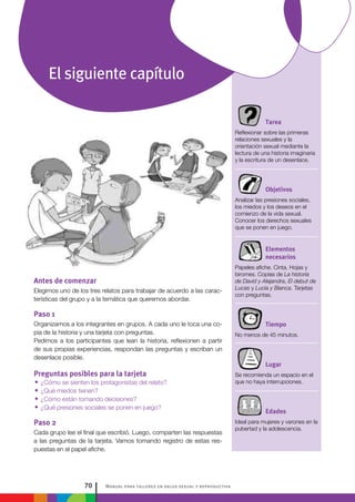 Manual para talleres en salud sexual y reproductiva70
Tarea
Reflexionar sobre las primeras
relaciones sexuales y la
orientación sexual mediante la
lectura de una historia imaginaria
y la escritura de un desenlace.
Objetivos
Analizar las presiones sociales,
los miedos y los deseos en el
comienzo de la vida sexual.
Conocer los derechos sexuales
que se ponen en juego.
Elementos
necesarios
Papeles afiche. Cinta. Hojas y
biromes. Copias de La historia
de David y Alejandra, El debut de
Lucas y Lucía y Bianca. Tarjetas
con preguntas.
Tiempo
No menos de 45 minutos.
Lugar
Se recomienda un espacio en el
que no haya interrupciones.
Edades
Ideal para mujeres y varones en la
pubertad y la adolescencia.
Antes de comenzar
Elegimos uno de los tres relatos para trabajar de acuerdo a las carac-
terísticas del grupo y a la temática que queremos abordar.
Paso 1
Organizamos a los integrantes en grupos. A cada uno le toca una co-
pia de la historia y una tarjeta con preguntas.
Pedimos a los participantes que lean la historia, reflexionen a partir
de sus propias experiencias, respondan las preguntas y escriban un
desenlace posible.
Preguntas posibles para la tarjeta
•• ¿Cómo se sienten los protagonistas del relato?
•• ¿Qué miedos tienen?
•• ¿Cómo están tomando decisiones?
•• ¿Qué presiones sociales se ponen en juego?
Paso 2
Cada grupo lee el final que escribió. Luego, comparten las respuestas
a las preguntas de la tarjeta. Vamos tomando registro de estas res-
puestas en el papel afiche.
El siguiente capítulo
 