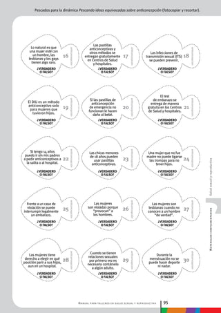 Manual para talleres en salud sexual y reproductiva 95
MaterialescomplementariosSaludsexualyreproductiva
anticoncepciónanticoncepciónanticoncepciónanticoncepciónanticoncepción
anticoncepciónanticoncepciónanticoncepciónanticoncepciónanticoncepción
anticoncepciónanticoncepciónanticoncepciónanticoncepciónanticoncepción
Lo natural es que
una mujer esté con
un hombre, las
lesbianas y los gays
tienen algo raro.
El DIU es un método
anticonceptivo solo
para mujeres que
tuvieron hijos.
Si tengo 14 años
puedo ir sin mis padres
a pedir anticonceptivos a
la salita o al hospital.
Las pastillas
anticonceptivas y
otros métodos se
entregan gratuitamente
en Centros de Salud
y hospitales.
Si las pastillas de
anticoncepción
de emergencia no
funcionan le hacen
daño al bebé.
Las chicas menores
de 18 años pueden
usar pastillas
anticonceptivas.
Las infecciones de
transmisión sexual (ITS)
se pueden prevenir.
El test
de embarazo se
entrega de manera
gratuita en los Centros
de Salud y hospitales.
Una mujer que no fue
madre no puede ligarse
las trompas para no
tener hijos. 
Frente a un caso de
violación se puede
interrumpir legalmente
un embarazo.
Las mujeres tiene
derecho a elegir en qué
posición parir a sus hijos,
aun en un hospital.
Las mujeres
son violadas porque
“provocan” a
los hombres.
Cuando se tienen
relaciones sexuales
por primera vez es
necesario contárselo
a algún adulto.
Las mujeres son
lesbianas cuando no
conocen a un hombre
“de verdad”.
Durante la
menstruación no se
puede hacer deporte
ni nadar.
Pescados para la dinámica Pescando ideas equivocadas sobre anticoncepción (fotocopiar y recortar).
16
19
22
25
28
17
20
23
26
29
18
21
24
27
30
¿verdadero
o falso?
¿verdadero
o falso?
¿verdadero
o falso?
¿verdadero
o falso?
¿verdadero
o falso?
¿verdadero
o falso?
¿verdadero
o falso?
¿verdadero
o falso?
¿verdadero
o falso?
¿verdadero
o falso?
¿verdadero
o falso?
¿verdadero
o falso?
¿verdadero
o falso?
¿verdadero
o falso?
¿verdadero
o falso?
 