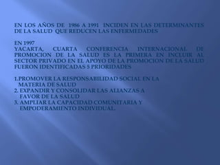 EN LOS AÑOS DE  1986 A 1991  INCIDEN EN LAS DETERMINANTES DE LA SALUD  QUE REDUCEN LAS ENFERMEDADESEN 1997YACARTA, CUARTA CONFERENCIA INTERNACIONAL DE PROMOCION DE LA SALUD ES LA PRIMERA EN INCLUIR AL SECTOR PRIVADO EN EL APOYO DE LA PROMOCION DE LA SALUD FUERON IDENTIFICADAS 5 PRIORIDADESPROMOVER LA RESPONSABILIDAD SOCIAL EN LA        MATERIA DE SALUD2. EXPANDIR Y CONSOLIDAR LAS ALIANZAS A     FAVOR DE LA SALUD3. AMPLIAR LA CAPACIDAD COMUNITARIA Y     EMPODERAMIENTO INDIVIDUAL.