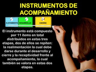 INSTRUMENTOS DE ACOMPAÑAMIENTO 
El instrumento está compuesto por 11 ítems en total distribuidos en estas tres etapas, dos de ellos se repiten: la realimentación la cual debe darse durante el desarrollo y cierre y la receptividad frente al acompañamiento, la cual también se valora en estas dos etapas.  