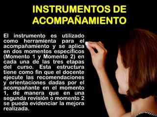 INSTRUMENTOS DE ACOMPAÑAMIENTO 
El instrumento es utilizado como herramienta para el acompañamiento y se aplica en dos momentos específicos (Momento 1 y Momento 2) en cada una de las tres etapas del curso. Esta estructura tiene como fin que el docente ejecute las recomendaciones y orientaciones dadas por el acompañante en el momento 1, de manera que en una segunda revisión o momento 2 se pueda evidenciar la mejora realizada.  