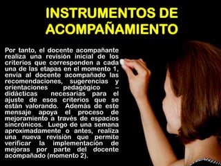 INSTRUMENTOS DE ACOMPAÑAMIENTO 
Por tanto, el docente acompañante realiza una revisión inicial de los criterios que corresponden a cada una de las etapas en el momento 1, envía al docente acompañado las recomendaciones, sugerencias y orientaciones pedagógico – didácticas necesarias para el ajuste de esos criterios que se están valorando. Además de este mensaje apoya el proceso de mejoramiento a través de espacios sincrónicos. Luego de una semana aproximadamente o antes, realiza una nueva revisión que permite verificar la implementación de mejoras por parte del docente acompañado (momento 2).  