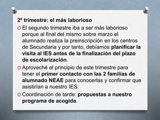 2º trimestre: el más laborioso
O El segundo trimestre iba a ser más laborioso
porque al final del mismo sobre marzo el
alumnado realiza la preinscripción en los centros
de Secundaria y por tanto, debíamos planificar la
visita al IES antes de la finalización del plazo
de escolarización.
O Aproveché el principio de este trimestre para
tener el primer contacto con las 2 familias de
alumnado NEAE para conocerlas y confirmar que
asistirían a nuestro IES.
O Coordinación de tarde: propuestas a nuestro
programa de acogida.
 