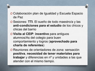 O Colaboración plan de Igualdad y Escuela Espacio
de Paz
O Sesiones: TTI. El sueño de todo maestro/a y las
anti-condiciones para el estudio de los chicos y
chicas del barrio
O Visita al CEIP: incentivo para antiguos
alumnos/As del colegio para buen
comportamiento y logros (aprovechado para
charla de referentes)
O Reuniones de orientadores de zona: sensación
positiva, necesidad de tener materiales para
trabajar y diferencias en nº y unidades a las que
atender con el mismo tiempo.
 