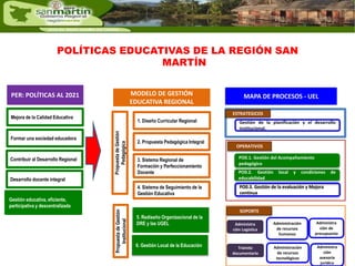 POLÍTICAS EDUCATIVAS DE LA REGIÓN SAN 
MARTÍN 
PER: POLÍTICAS AL 2021 
Mejora de la Calidad Educativa 
Formar una sociedad educadora 
Contribuir al Desarrollo Regional 
Desarrollo docente integral 
Gestión educativa, eficiente, 
participativa y descentralizada 
Propuesta de Gestión 
Pedagógica 
Propuesta de Gestión 
Institucional 
1. Diseño Curricular Regional 
2. Propuesta Pedagógica Integral 
3. Sistema Regional de 
Formación y Perfeccionamiento 
Docente 
4. Sistema de Seguimiento de la 
Gestión Educativa 
5. Rediseño Organizacional de la 
DRE y las UGEL 
6. Gestión Local de la Educación 
ESTRATEGICOS 
Gestión de la planificación y el desarrollo 
institucional. 
OPERATIVOS 
PO0.1. Gestión del Acompañamiento 
pedagógico 
PO0.2. Gestión local y condiciones de 
educabilidad 
PO0.3. Gestión de la evaluación y Mejora 
continua 
SOPORTE 
Administra 
ción Logística 
Administración 
de recursos 
humanos 
Administra 
ción de 
presupuesto 
Trámite 
documentario 
Administración 
de recursos 
tecnológicos 
Administra 
ción 
asesoría 
jurídica 
MODELO DE GESTIÓN MAPA DE PROCESOS - UEL 
EDUCATIVA REGIONAL 
 