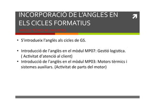INCORPORACIÓ)DE)L’ANGLES)EN)
ELS)CICLES)FORMATIUS)
MODULS!TÈCNICS!NO!LINGUISTICS!

•  S'introdueix!l'anglès!als!cicles!de!GS.!
!
•  Introducció!de!l'anglès!en!el!mòdul!MP07:!GesKó!logisKca.!
(!AcKvitat!d’atenció!al!client)!
•  Introducció!de!l'anglès!en!el!mòdul!MP03:!Motors!tèrmics!i!
sistemes!auxiliars.!(AcKvitat!de!parts!del!motor)!

!!

 