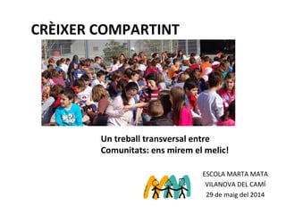 ESCOLA MARTA MATA
VILANOVA DEL CAMÍ
29 de maig del 2014
Un treball transversal entre
Comunitats: ens mirem el melic!
CRÈIXER COMPARTINT
 