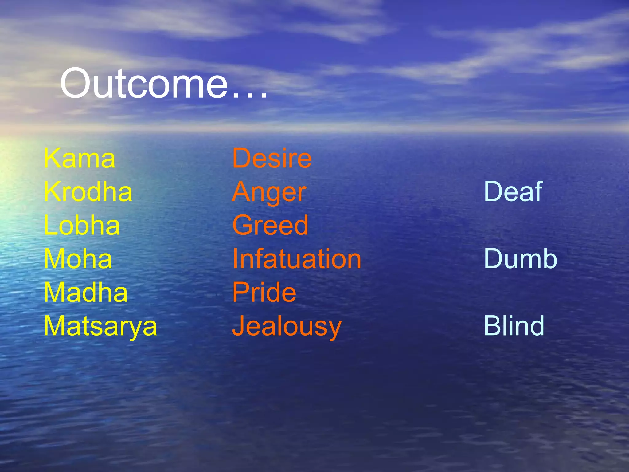 Kama Desire
Krodha Anger Deaf
Lobha Greed
Moha Infatuation Dumb
Madha Pride
Matsarya Jealousy Blind
Outcome…
 