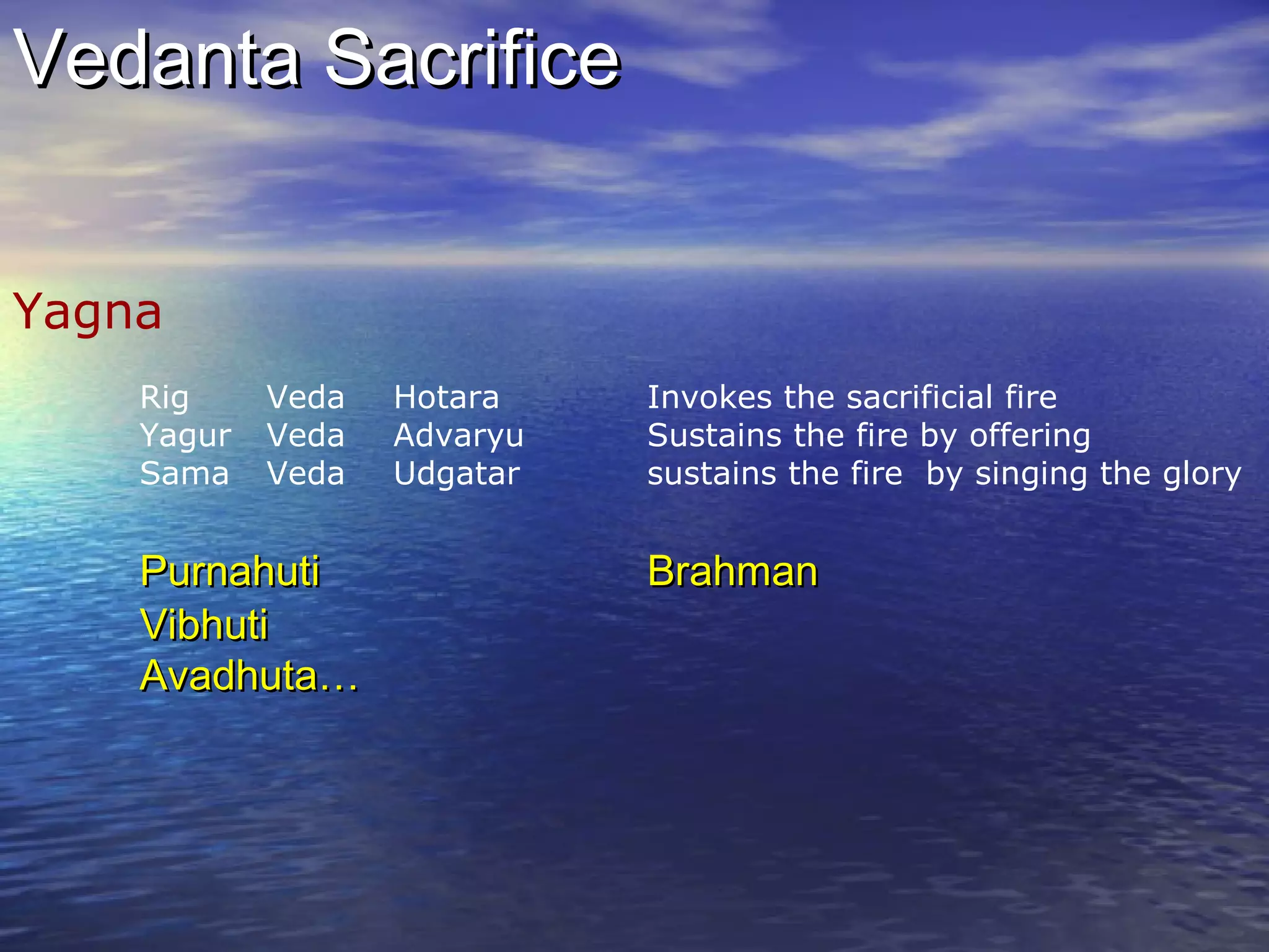 Vedanta SacrificeVedanta Sacrifice
Yagna
Rig Veda Hotara Invokes the sacrificial fire
Yagur Veda Advaryu Sustains the fire by offering
Sama Veda Udgatar sustains the fire by singing the glory
PurnahutiPurnahuti BrahmanBrahman
VibhutiVibhuti
Avadhuta…Avadhuta…
 