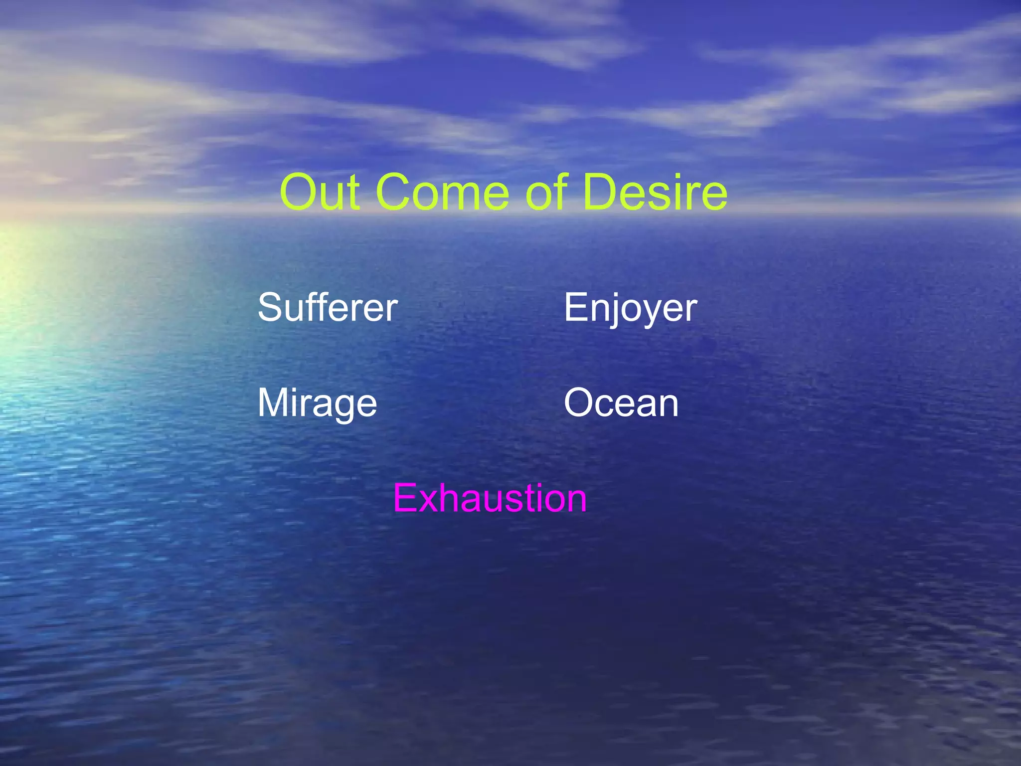 Out Come of Desire
Sufferer Enjoyer
Mirage Ocean
Exhaustion
 