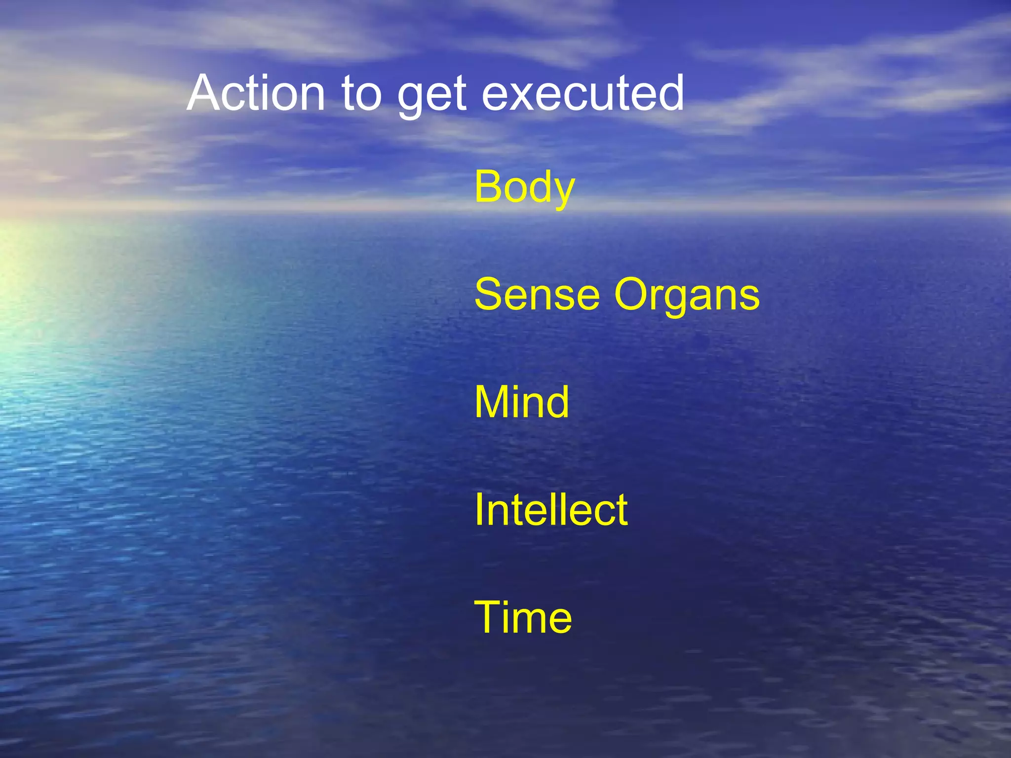 Body
Sense Organs
Mind
Intellect
Time
Action to get executed
 