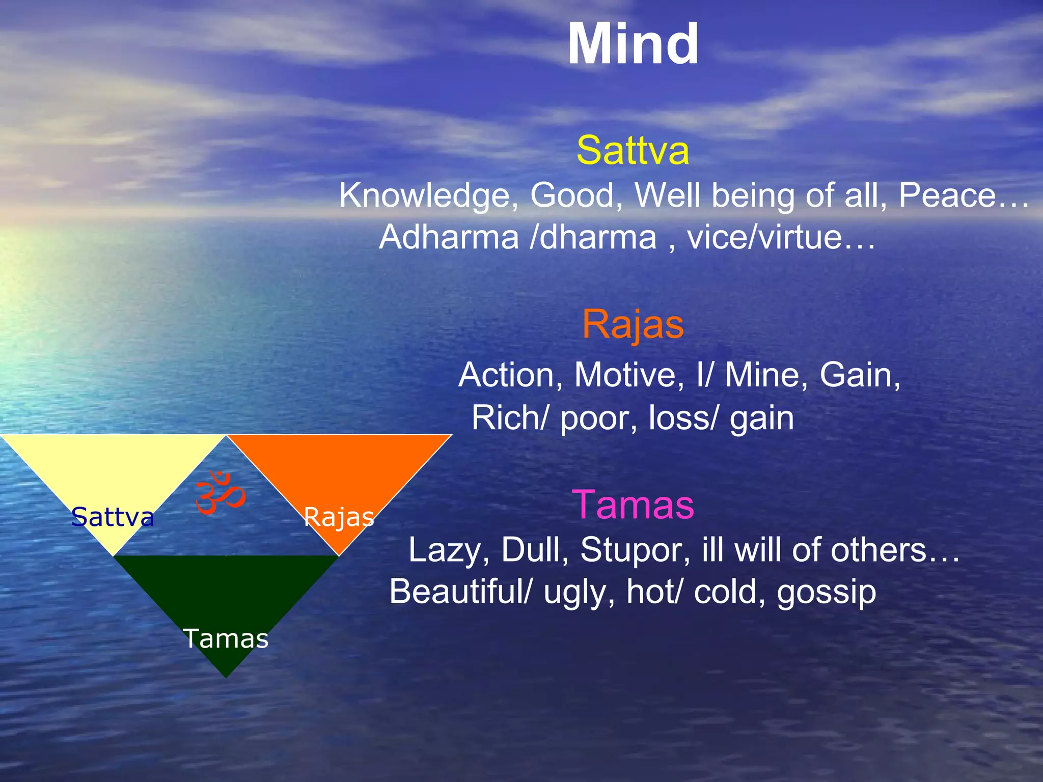 Mind
Sattva
Knowledge, Good, Well being of all, Peace…
Adharma /dharma , vice/virtue…
Rajas
Action, Motive, I/ Mine, Gain,
Rich/ poor, loss/ gain
Tamas
Lazy, Dull, Stupor, ill will of others…
Beautiful/ ugly, hot/ cold, gossip
Sattva
Tamas
RajasSattva 
 