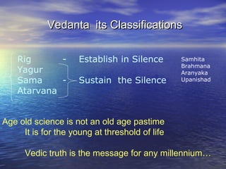 Age old science is not an old age pastime
It is for the young at threshold of life
Vedic truth is the message for any millennium…
Rig - Establish in Silence
Yagur
Sama - Sustain the Silence
Atarvana
Vedanta its ClassificationsVedanta its Classifications
Samhita
Brahmana
Aranyaka
Upanishad
 