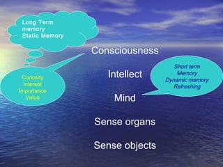 Consciousness
Intellect
Mind
Sense organs
Sense objects
Long Term
memory
Static Memory
Curiosity
Interest
Importance
Value
Short term
Memory
Dynamic memory
Refreshing
 