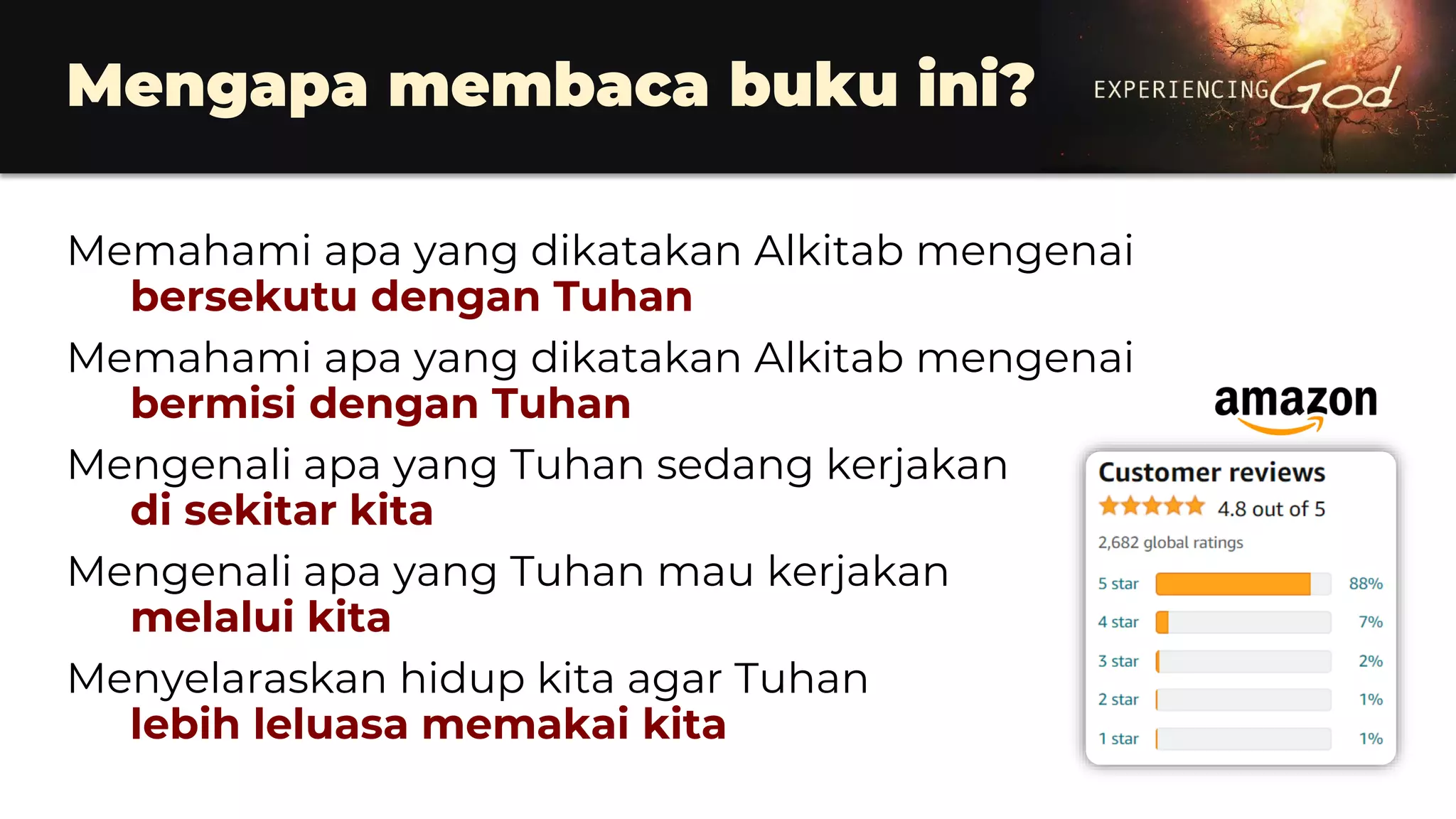 Mengapa membaca buku ini?
Memahami apa yang dikatakan Alkitab mengenai
bersekutu dengan Tuhan
Memahami apa yang dikatakan Alkitab mengenai
bermisi dengan Tuhan
Mengenali apa yang Tuhan sedang kerjakan
di sekitar kita
Mengenali apa yang Tuhan mau kerjakan
melalui kita
Menyelaraskan hidup kita agar Tuhan
lebih leluasa memakai kita
 