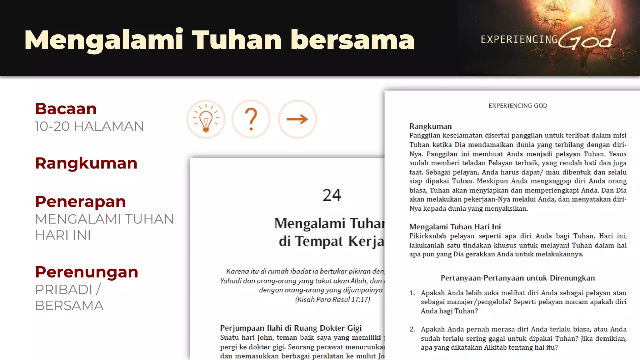 Mengalami Tuhan bersama
Bacaan
10-20 HALAMAN
Rangkuman
Penerapan
MENGALAMI TUHAN
HARI INI
Perenungan
PRIBADI /
BERSAMA
 
